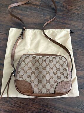 Gucci Brown Monogram Crossbody Bag with Tan Leather Trim